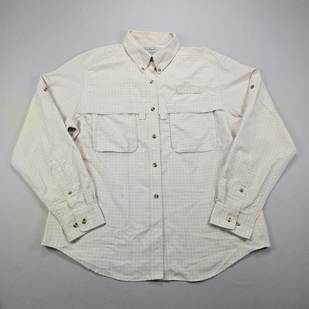LL Bean Fishing Shirt Vented Back Roll Tab Grid Beige Womens Large L 0CDX3